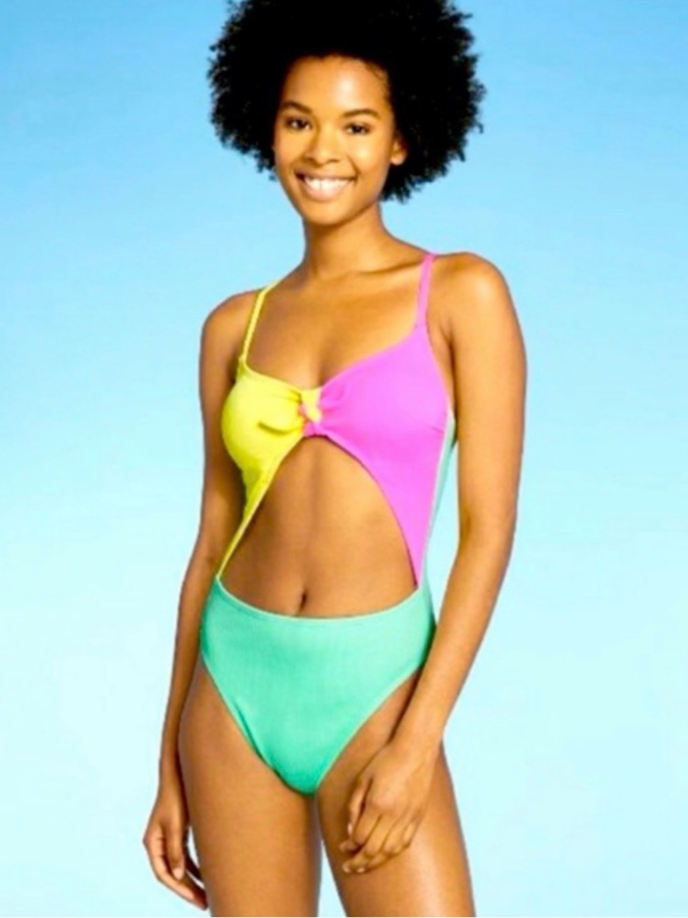 Xhilaration Pink, Yellow & Mint Colorblock Tie-Front One-Piece Swim